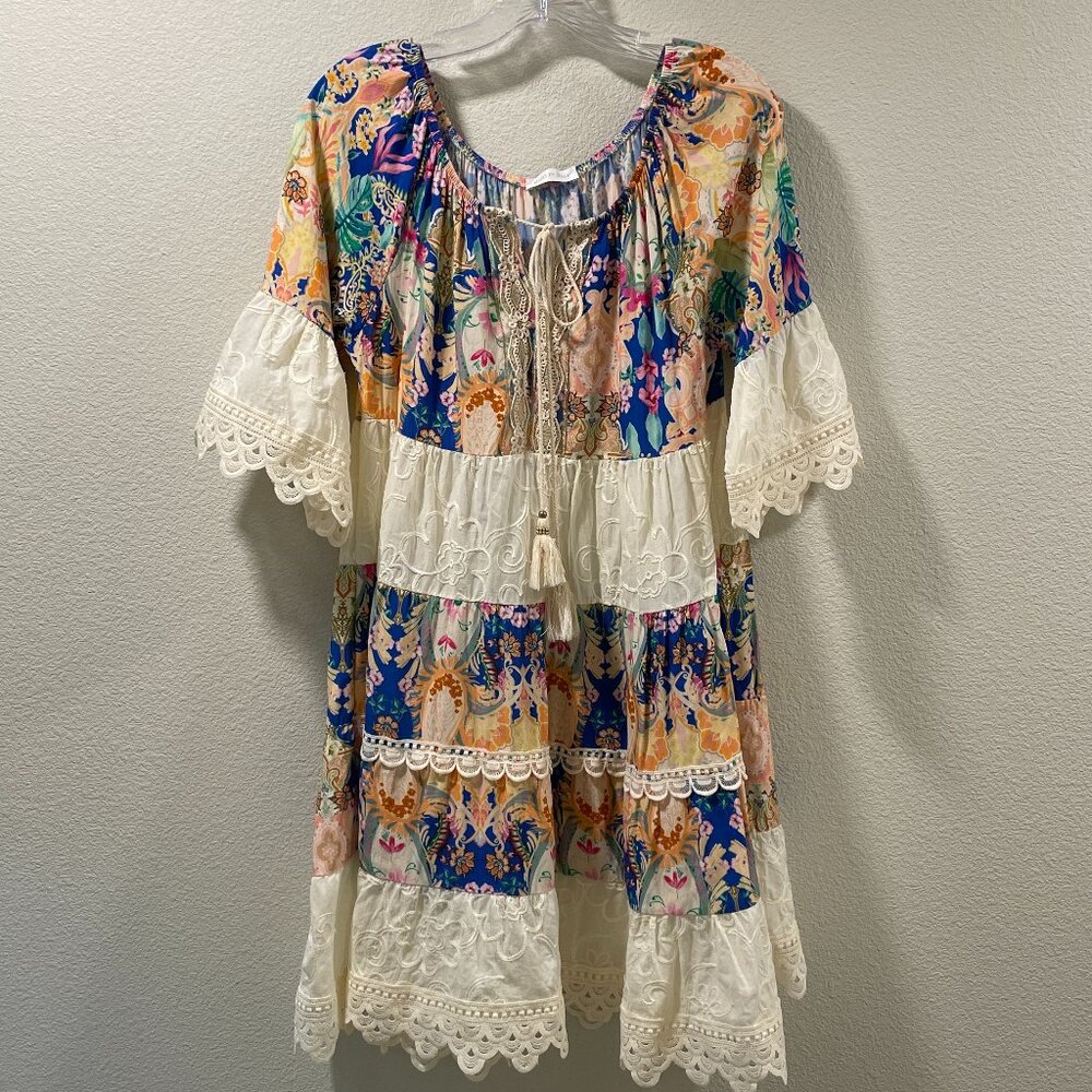 MADE IN ITALY Tier Peasant Mini Dress Contrast Floral Embroidery & Lace Multi M